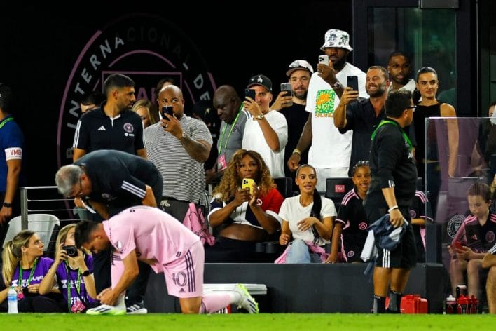 Former WTA player Serena Williams, LeBron James of the Los Angeles Lakers and TV star Kim Kardashian watch Leo Messi's debut with Inter Miami. Photo Stacy Revere/Getty Images.